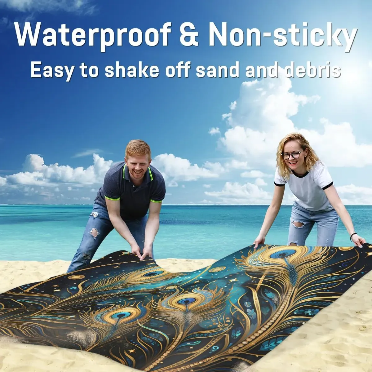 Beach Blanket, Animals Peacock Feather Sandproof Beach Mat, Waterproof Quick Drying Sand Free Mat with 4 x Ground Spikes for Outdoor Travel Camping Hiking, Peacock Feather Eye 68 x 59 in