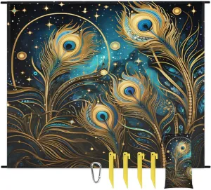 Beach Blanket, Animals Peacock Feather Sandproof Beach Mat, Waterproof Quick Drying Sand Free Mat with 4 x Ground Spikes for Outdoor Travel Camping Hiking, Peacock Feather Eye 68 x 59 in