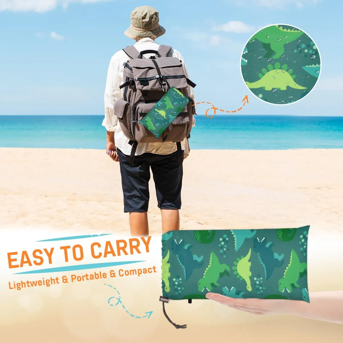 Beach Blanket, Animals Sandproof Beach Mat, Waterproof Quick Drying Sand Free Mat with 4 x Ground Spikes for Outdoor Travel Camping Hiking, Dinosaur 68 x 59 in