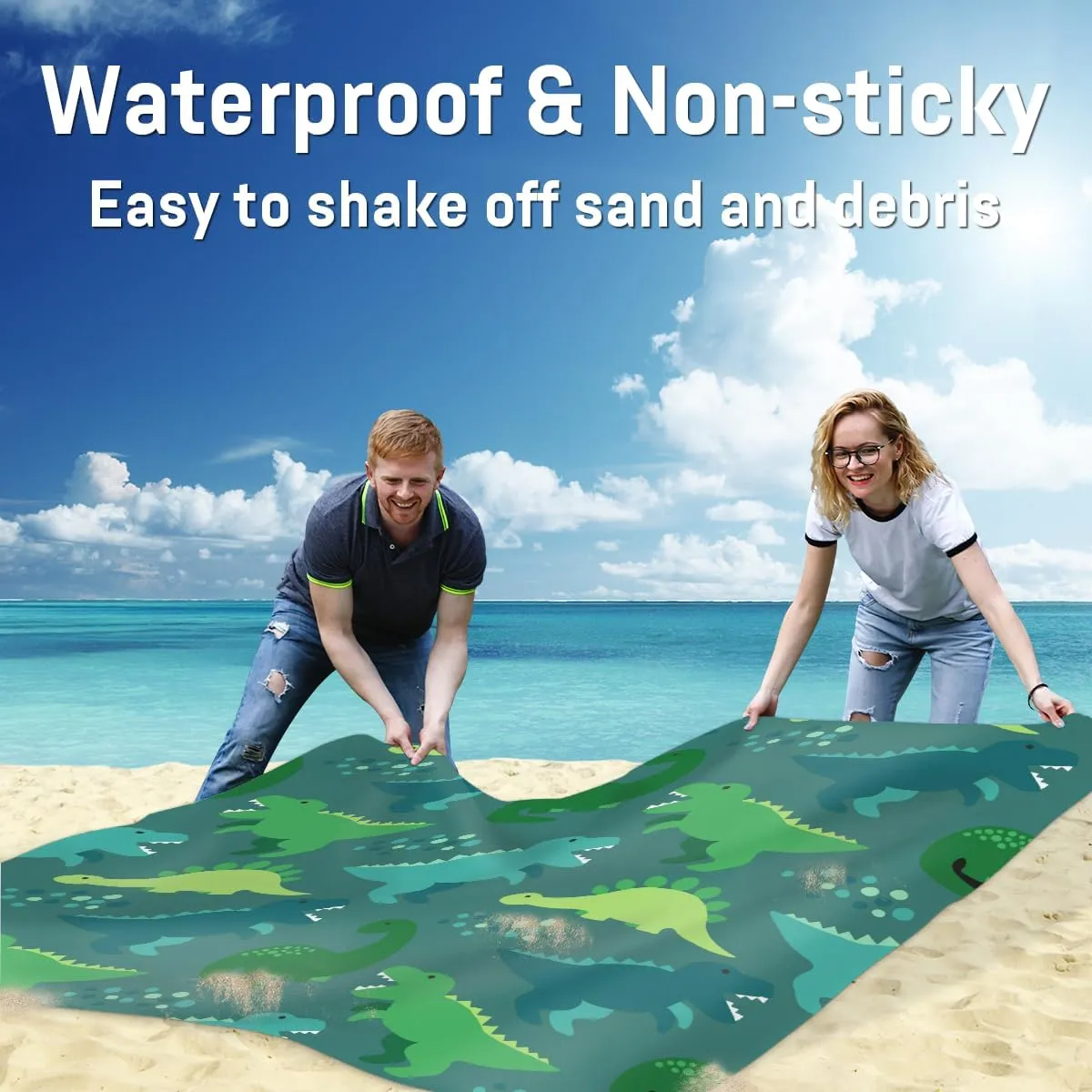 Beach Blanket, Animals Sandproof Beach Mat, Waterproof Quick Drying Sand Free Mat with 4 x Ground Spikes for Outdoor Travel Camping Hiking, Dinosaur 68 x 59 in