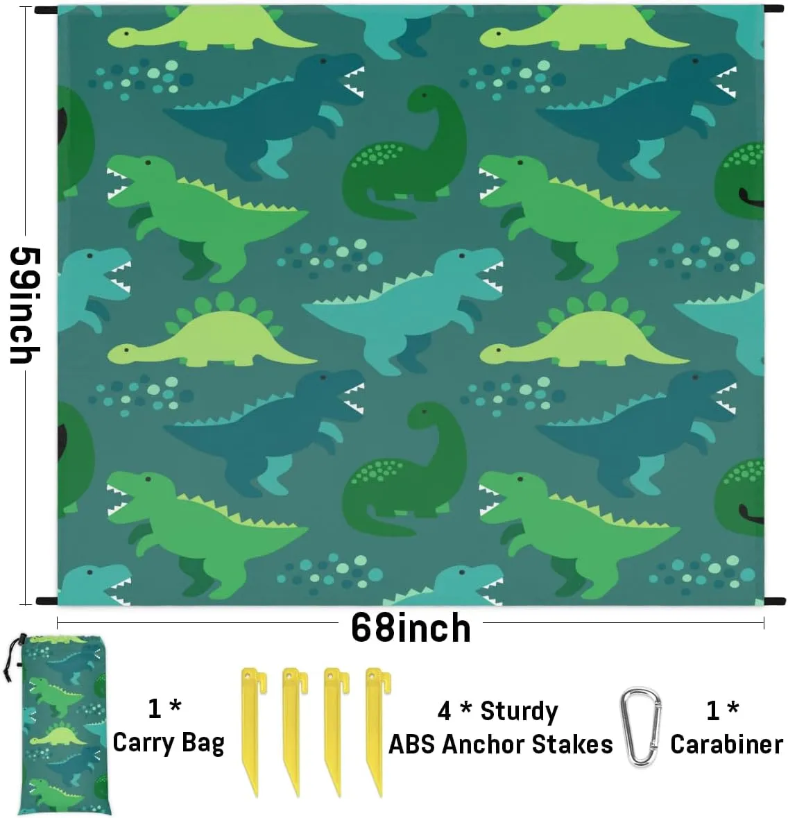 Beach Blanket, Animals Sandproof Beach Mat, Waterproof Quick Drying Sand Free Mat with 4 x Ground Spikes for Outdoor Travel Camping Hiking, Dinosaur 68 x 59 in