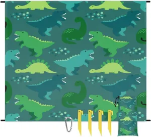 Beach Blanket, Animals Sandproof Beach Mat, Waterproof Quick Drying Sand Free Mat with 4 x Ground Spikes for Outdoor Travel Camping Hiking, Dinosaur 68 x 59 in