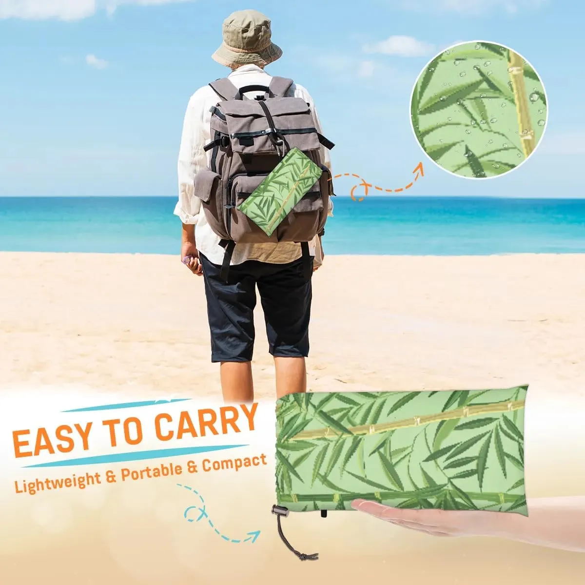 Beach Blanket, Bamboo Print Sandproof Beach Mat, Waterproof Quick Drying Sand Free Mat with 4 x Ground Spikes for Outdoor Travel Camping Hiking, Bamboo 68 x 59 in