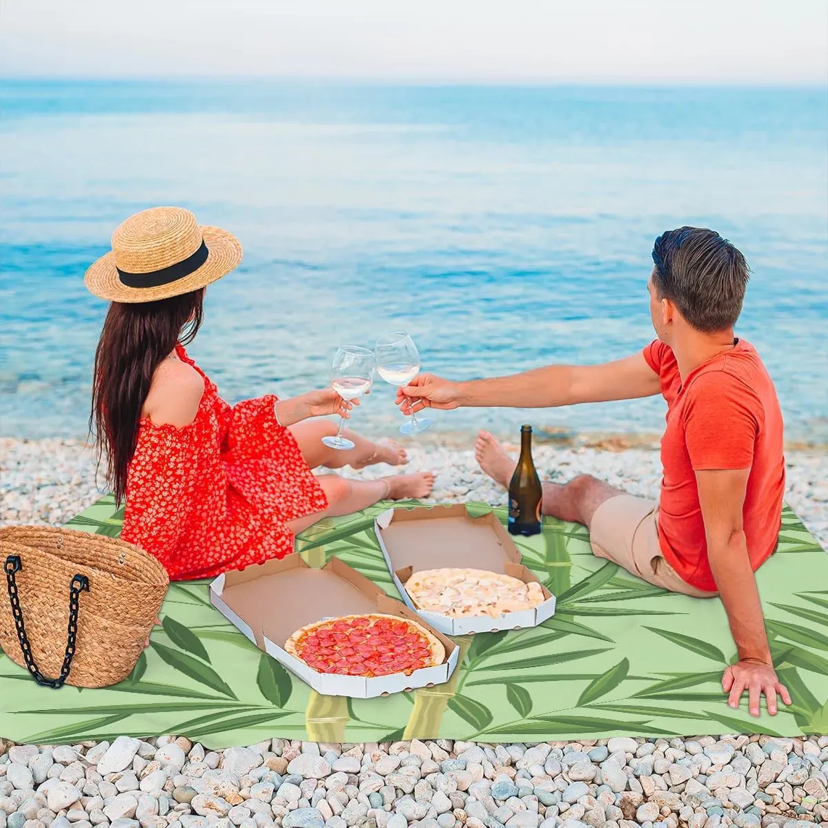 Beach Blanket, Bamboo Print Sandproof Beach Mat, Waterproof Quick Drying Sand Free Mat with 4 x Ground Spikes for Outdoor Travel Camping Hiking, Bamboo 68 x 59 in