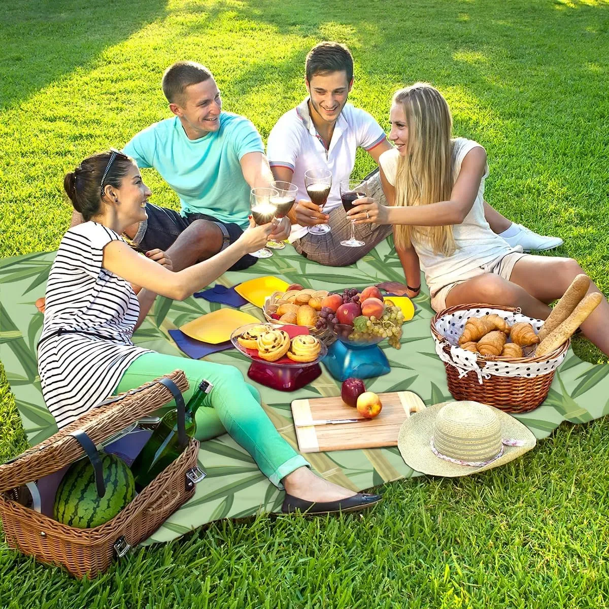 Beach Blanket, Bamboo Print Sandproof Beach Mat, Waterproof Quick Drying Sand Free Mat with 4 x Ground Spikes for Outdoor Travel Camping Hiking, Bamboo 68 x 59 in