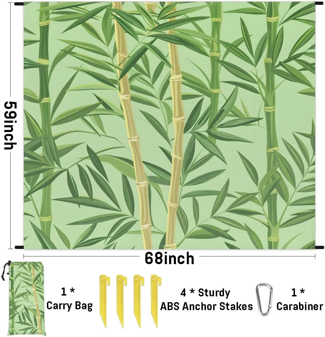 Beach Blanket, Bamboo Print Sandproof Beach Mat, Waterproof Quick Drying Sand Free Mat with 4 x Ground Spikes for Outdoor Travel Camping Hiking, Bamboo 68 x 59 in