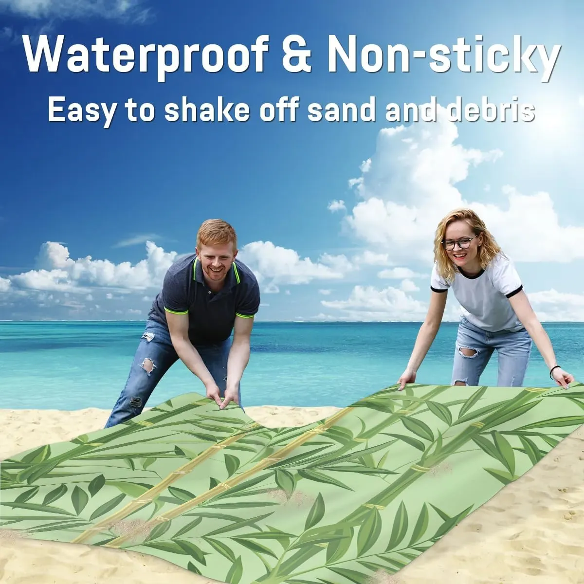Beach Blanket, Bamboo Print Sandproof Beach Mat, Waterproof Quick Drying Sand Free Mat with 4 x Ground Spikes for Outdoor Travel Camping Hiking, Bamboo 68 x 59 in