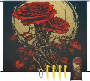 Beach Blanket, Black Floral Sandproof Beach Mat, Waterproof Quick Drying Sand Free Mat with 4 x Ground Spikes for Outdoor Travel Camping Hiking, Roses and Moon 68 x 59 in