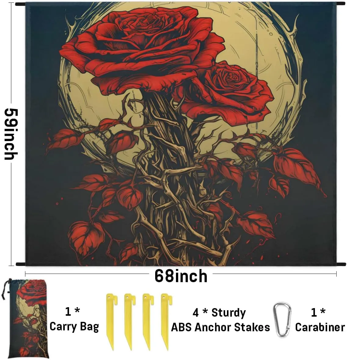 Beach Blanket, Black Floral Sandproof Beach Mat, Waterproof Quick Drying Sand Free Mat with 4 x Ground Spikes for Outdoor Travel Camping Hiking, Roses and Moon 68 x 59 in