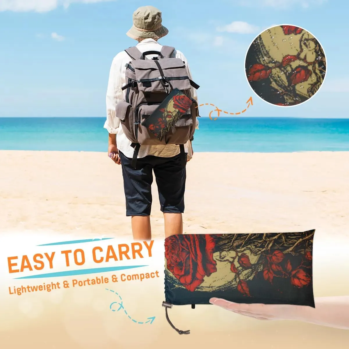 Beach Blanket, Black Floral Sandproof Beach Mat, Waterproof Quick Drying Sand Free Mat with 4 x Ground Spikes for Outdoor Travel Camping Hiking, Roses and Moon 68 x 59 in