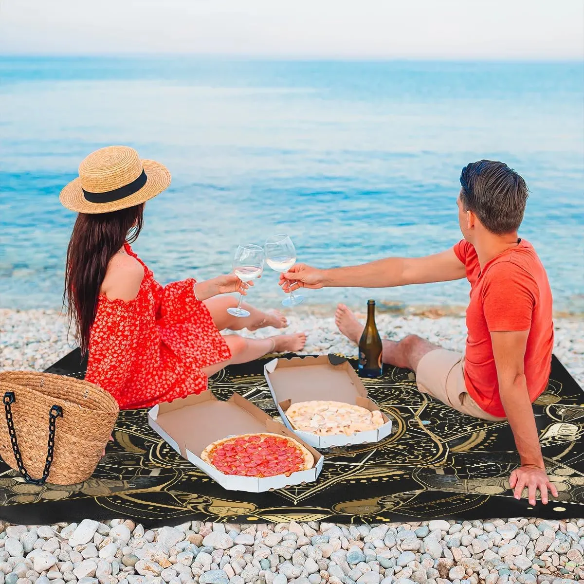 Beach Blanket, Boho Floral Sandproof Beach Mat, Waterproof Quick Drying Sand Free Mat with 4 x Ground Spikes for Outdoor Travel Camping Hiking, Bohemian Mandala Flower 68 x 59 in