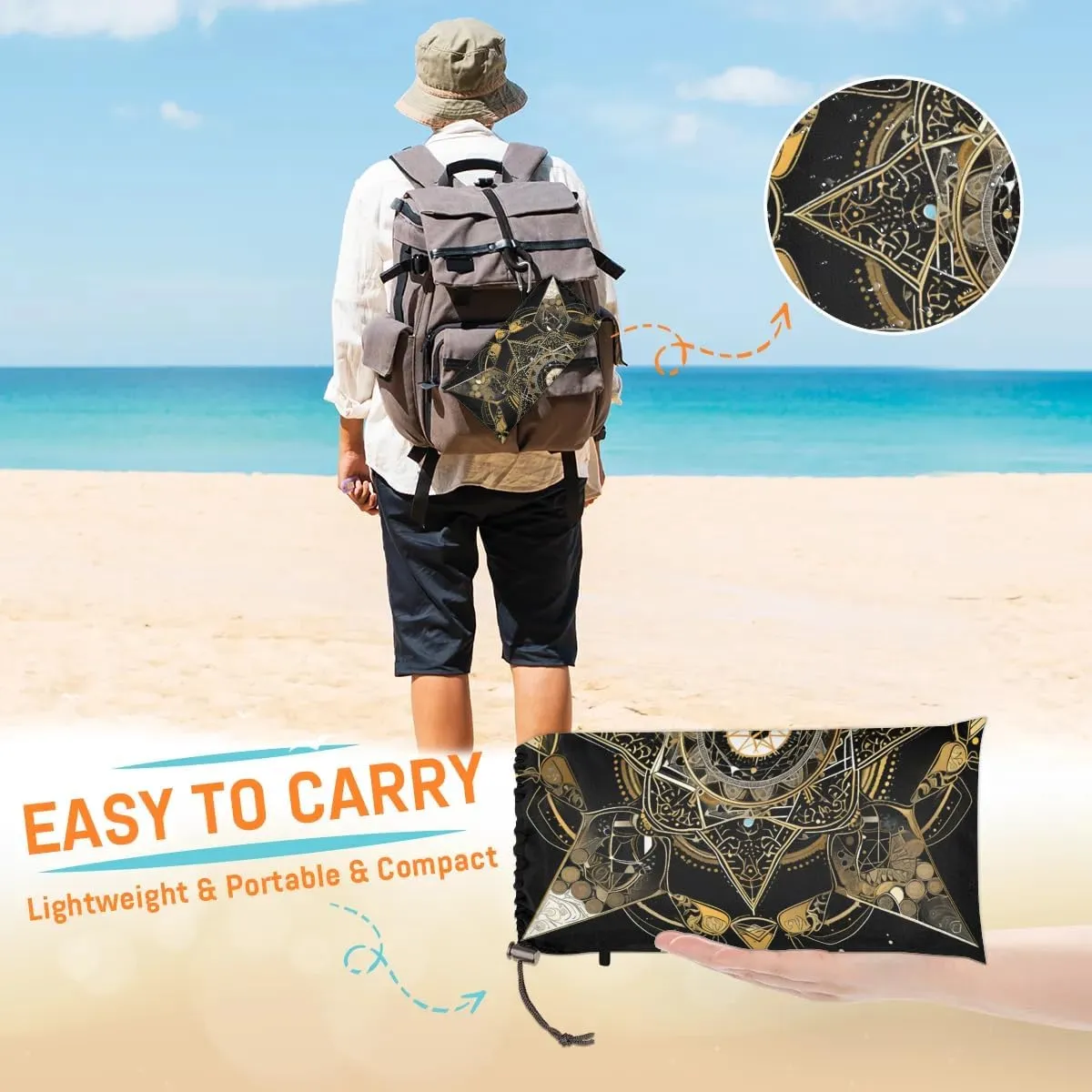 Beach Blanket, Boho Floral Sandproof Beach Mat, Waterproof Quick Drying Sand Free Mat with 4 x Ground Spikes for Outdoor Travel Camping Hiking, Bohemian Mandala Flower 68 x 59 in
