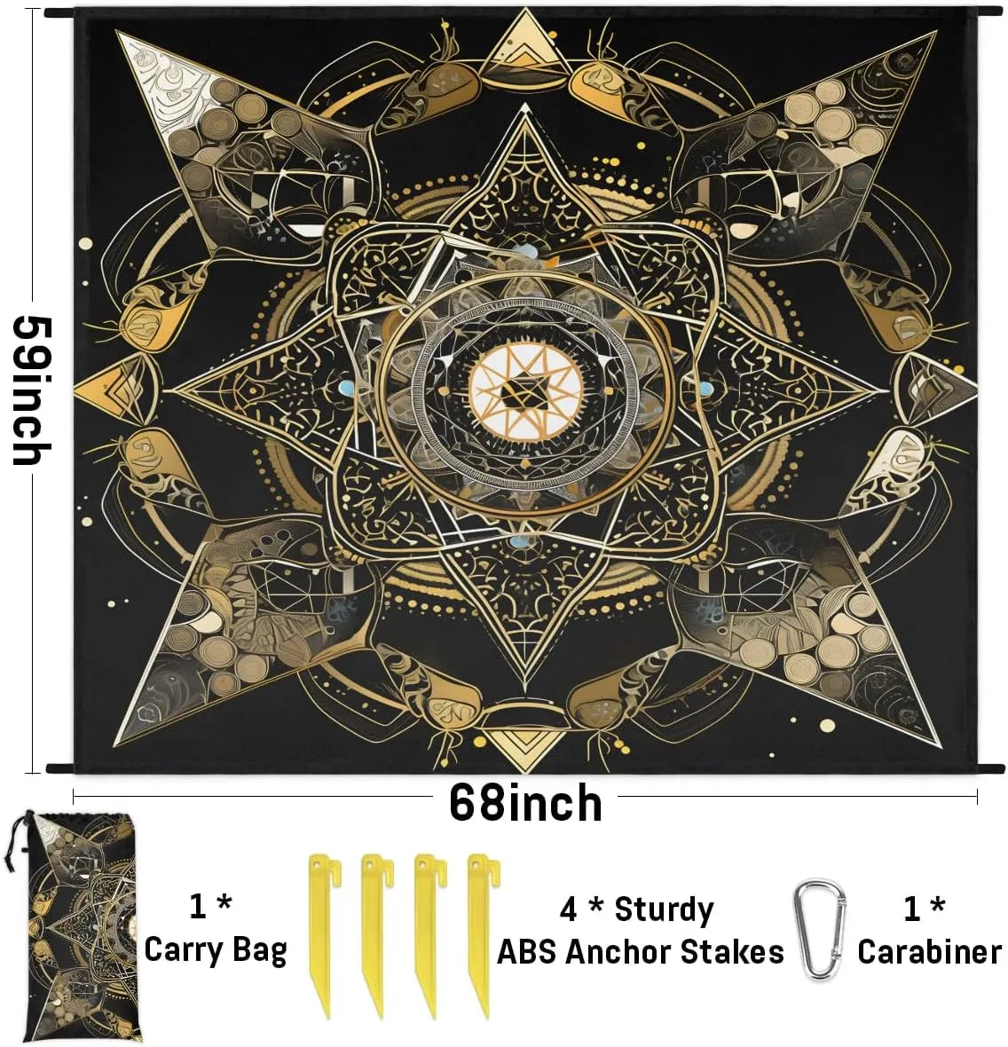 Beach Blanket, Boho Floral Sandproof Beach Mat, Waterproof Quick Drying Sand Free Mat with 4 x Ground Spikes for Outdoor Travel Camping Hiking, Bohemian Mandala Flower 68 x 59 in