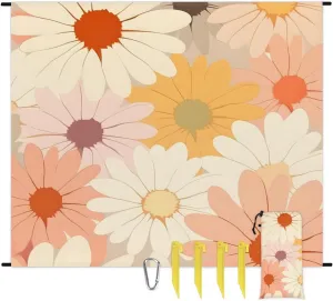 Beach Blanket, Boho Flower Sandproof Beach Mat, Waterproof Quick Drying Sand Free Mat with 4 x Ground Spikes for Outdoor Travel Camping Hiking, Flowers Daisies Spring 68 x 59 in