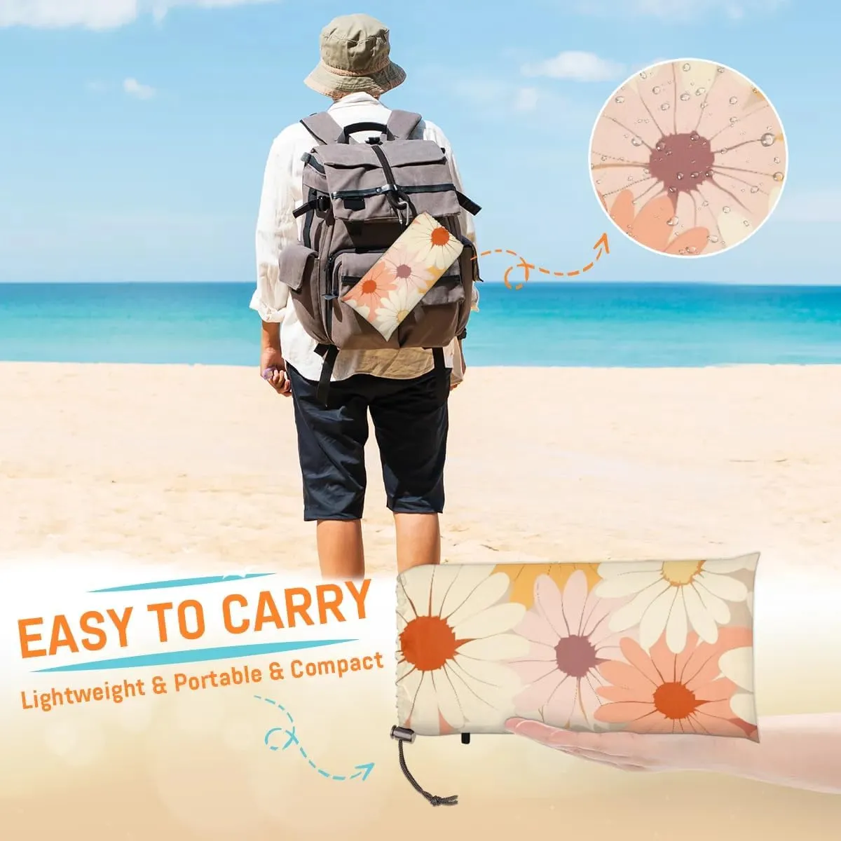 Beach Blanket, Boho Flower Sandproof Beach Mat, Waterproof Quick Drying Sand Free Mat with 4 x Ground Spikes for Outdoor Travel Camping Hiking, Flowers Daisies Spring 68 x 59 in