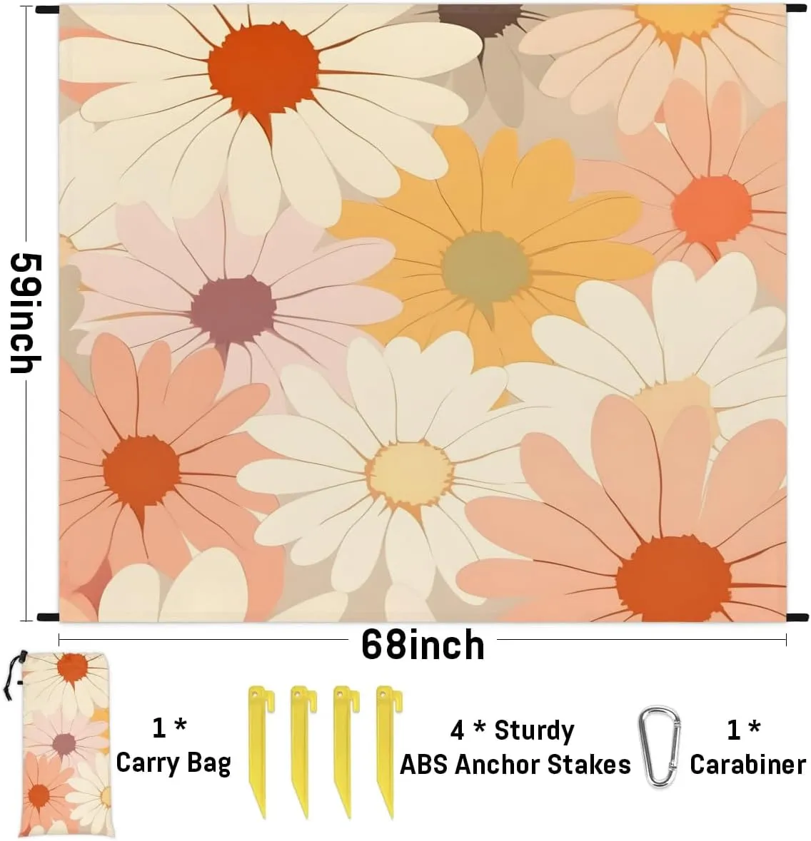 Beach Blanket, Boho Flower Sandproof Beach Mat, Waterproof Quick Drying Sand Free Mat with 4 x Ground Spikes for Outdoor Travel Camping Hiking, Flowers Daisies Spring 68 x 59 in