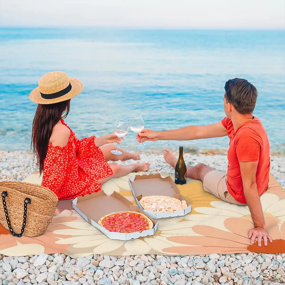Beach Blanket, Boho Flower Sandproof Beach Mat, Waterproof Quick Drying Sand Free Mat with 4 x Ground Spikes for Outdoor Travel Camping Hiking, Flowers Daisies Spring 68 x 59 in