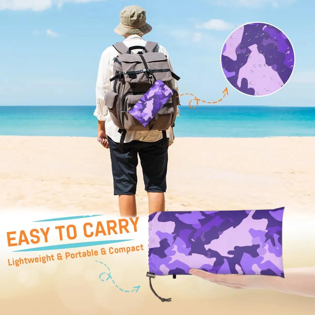 Beach Blanket, Camo Sandproof Beach Mat, Waterproof Quick Drying Sand Free Mat with 4 x Ground Spikes for Outdoor Travel Camping Hiking, Camo 68 x 59 in