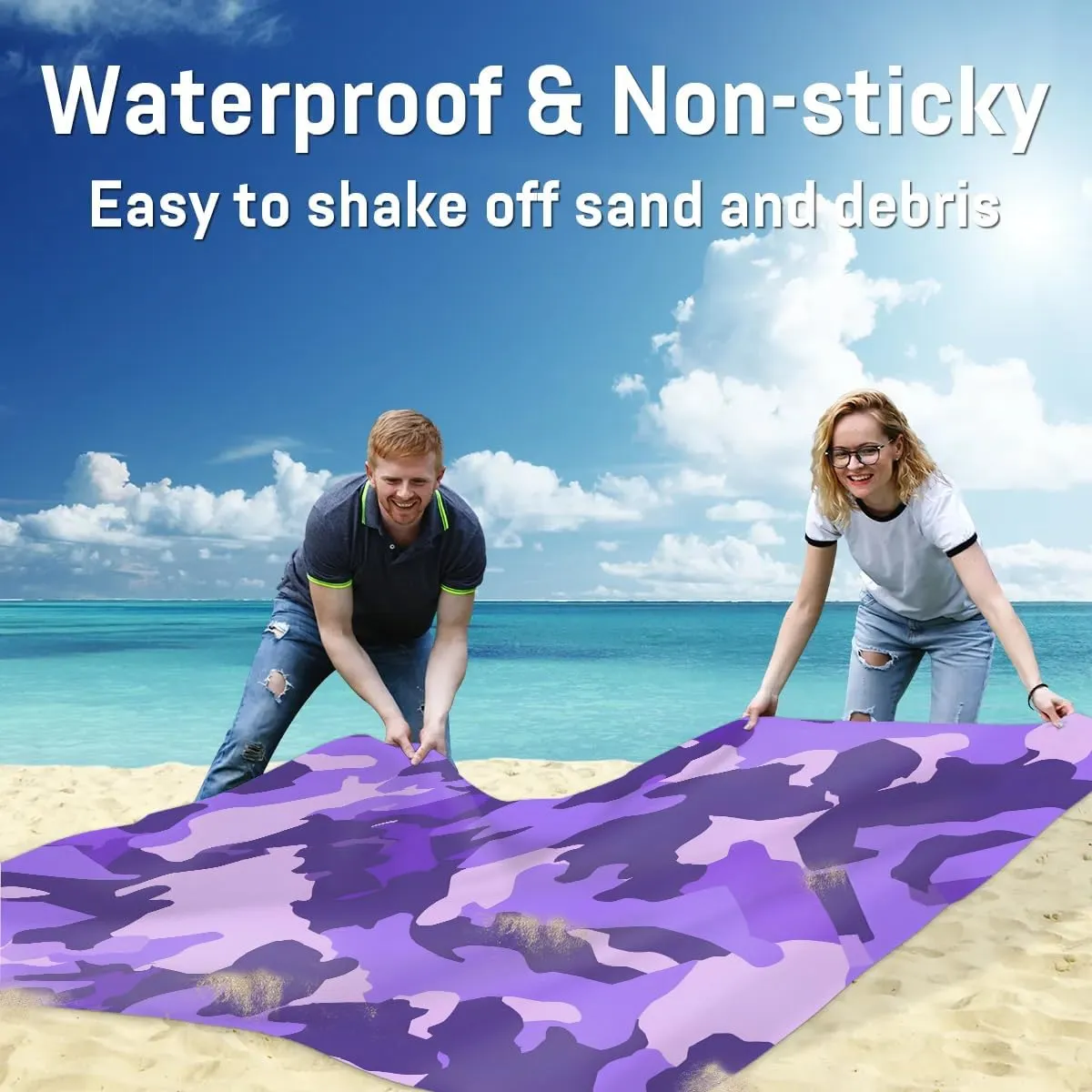 Beach Blanket, Camo Sandproof Beach Mat, Waterproof Quick Drying Sand Free Mat with 4 x Ground Spikes for Outdoor Travel Camping Hiking, Camo 68 x 59 in