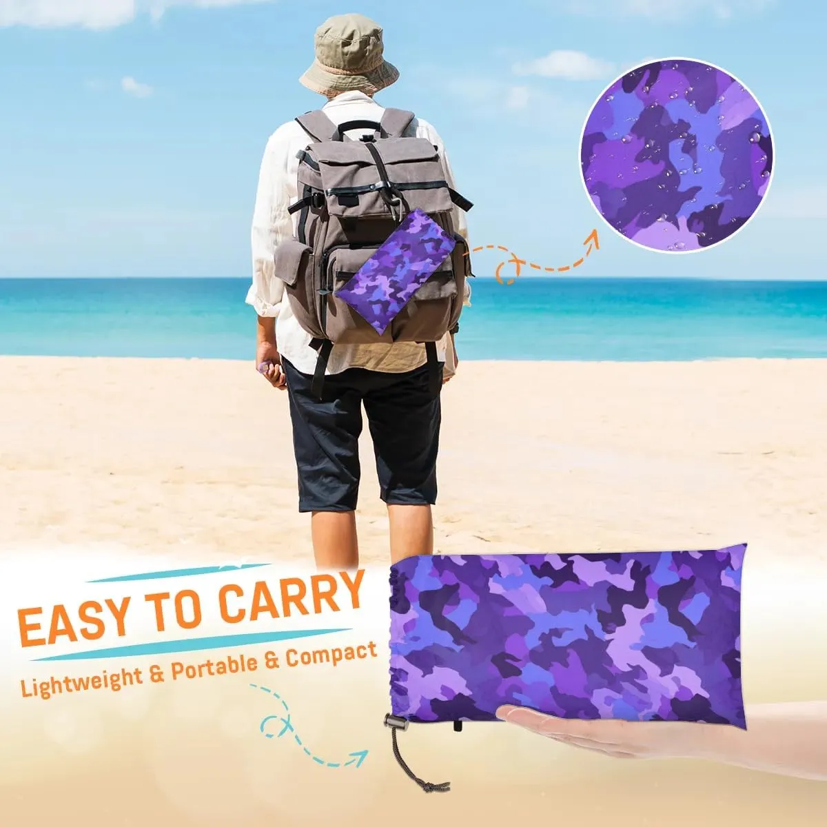 Beach Blanket, Camo Sandproof Beach Mat, Waterproof Quick Drying Sand Free Mat with 4 x Ground Spikes for Outdoor Travel Camping Hiking, Camouflage 68 x 59 in
