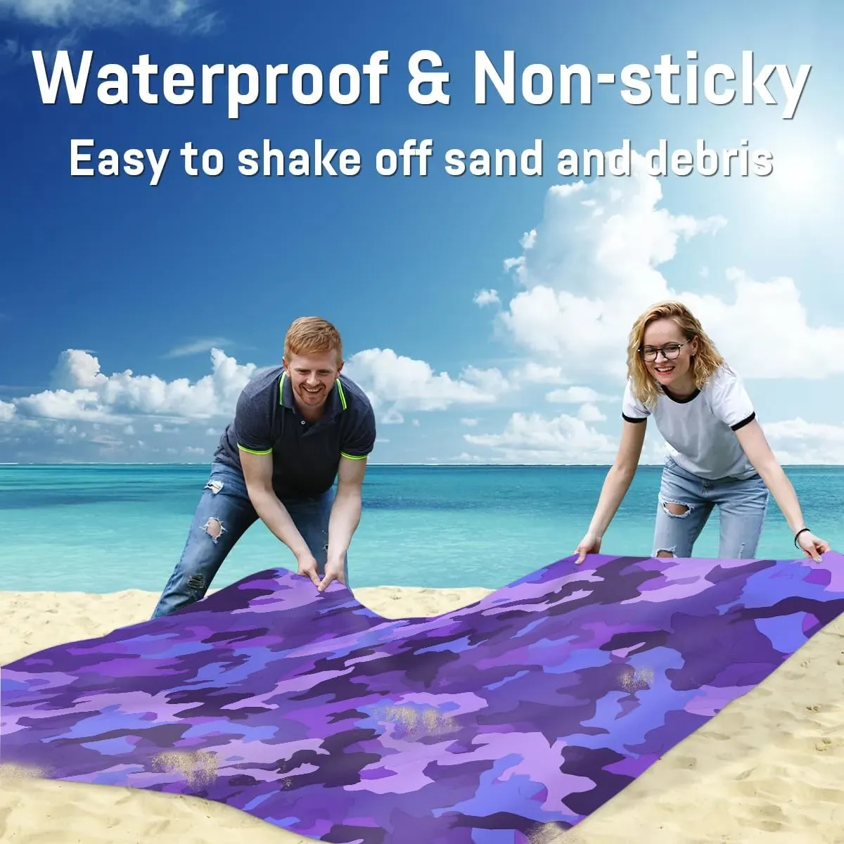 Beach Blanket, Camo Sandproof Beach Mat, Waterproof Quick Drying Sand Free Mat with 4 x Ground Spikes for Outdoor Travel Camping Hiking, Camouflage 68 x 59 in