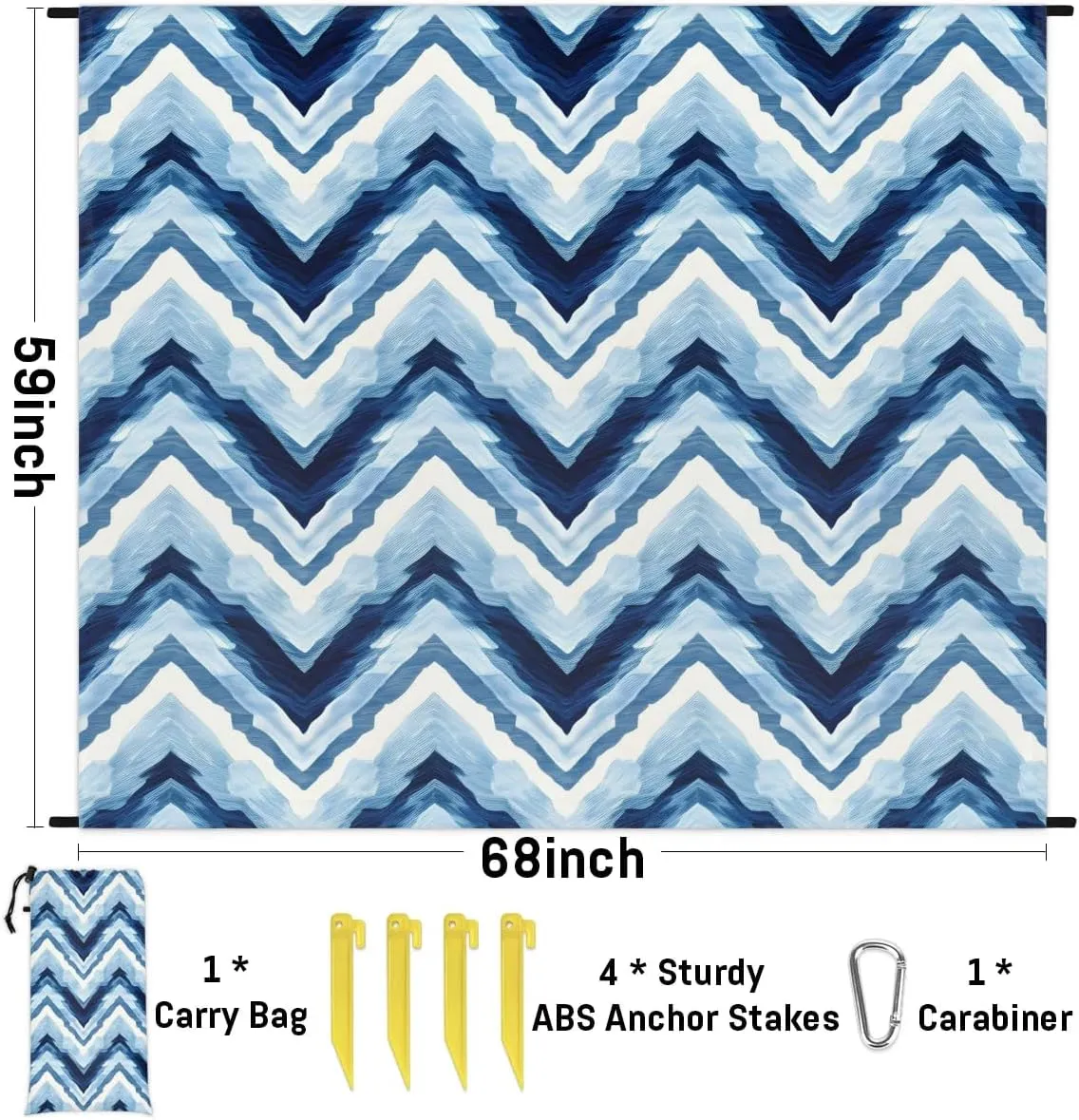 Beach Blanket, Chevrons Sandproof Beach Mat, Waterproof Quick Drying Sand Free Mat with 4 x Ground Spikes for Outdoor Travel Camping Hiking, Stripes Chevrons Pattern 68 x 59 in