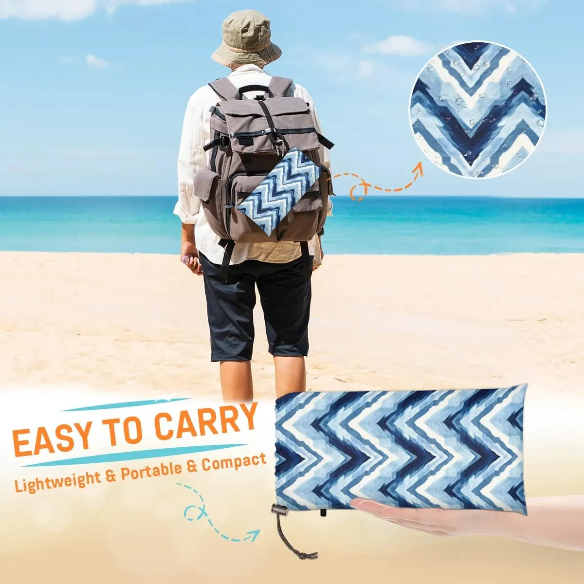 Beach Blanket, Chevrons Sandproof Beach Mat, Waterproof Quick Drying Sand Free Mat with 4 x Ground Spikes for Outdoor Travel Camping Hiking, Stripes Chevrons Pattern 68 x 59 in