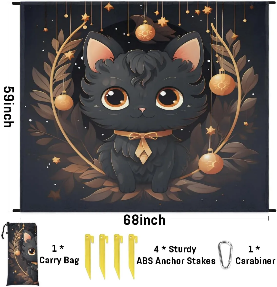 Beach Blanket, Christmas Balls Sandproof Beach Mat, Waterproof Quick Drying Sand Free Mat with 4 x Ground Spikes for Outdoor Travel Camping Hiking, Black Cat 68 x 59 in