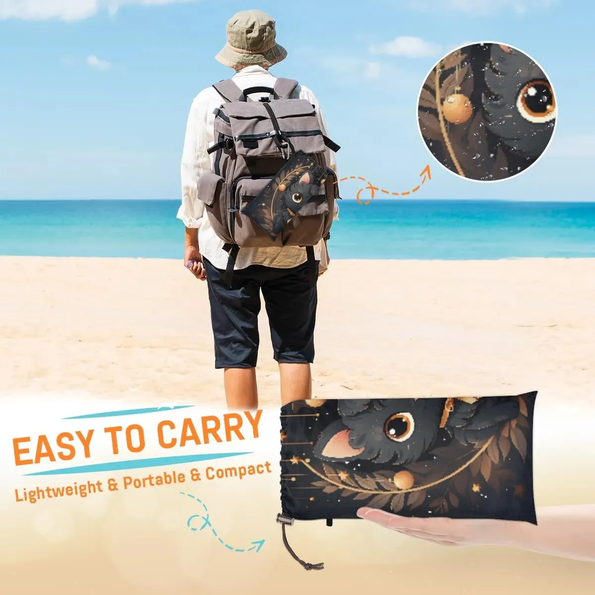 Beach Blanket, Christmas Balls Sandproof Beach Mat, Waterproof Quick Drying Sand Free Mat with 4 x Ground Spikes for Outdoor Travel Camping Hiking, Black Cat 68 x 59 in