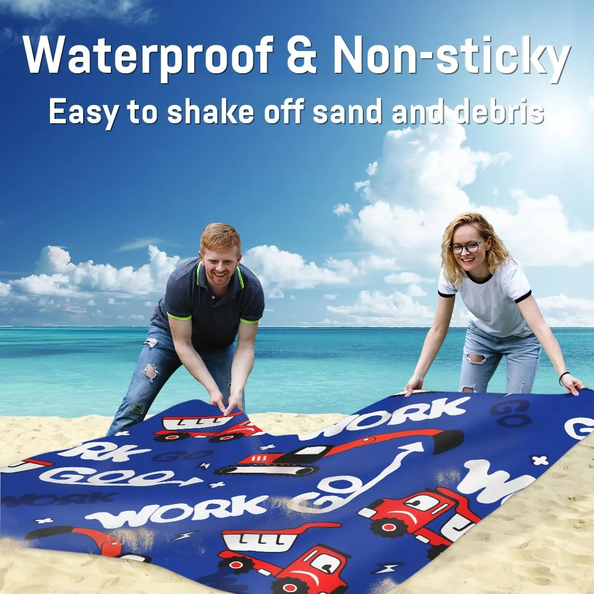 Beach Blanket, Construction Truck Sandproof Beach Mat, Waterproof Quick Drying Sand Free Mat with 4 x Ground Spikes for Outdoor Travel Camping Hiking, Red Truck 68 x 59 in