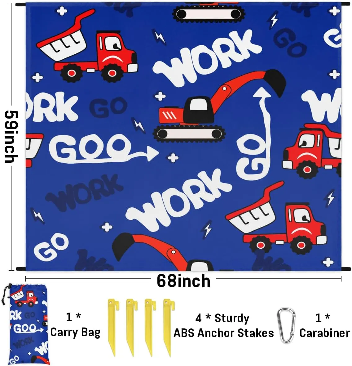 Beach Blanket, Construction Truck Sandproof Beach Mat, Waterproof Quick Drying Sand Free Mat with 4 x Ground Spikes for Outdoor Travel Camping Hiking, Red Truck 68 x 59 in