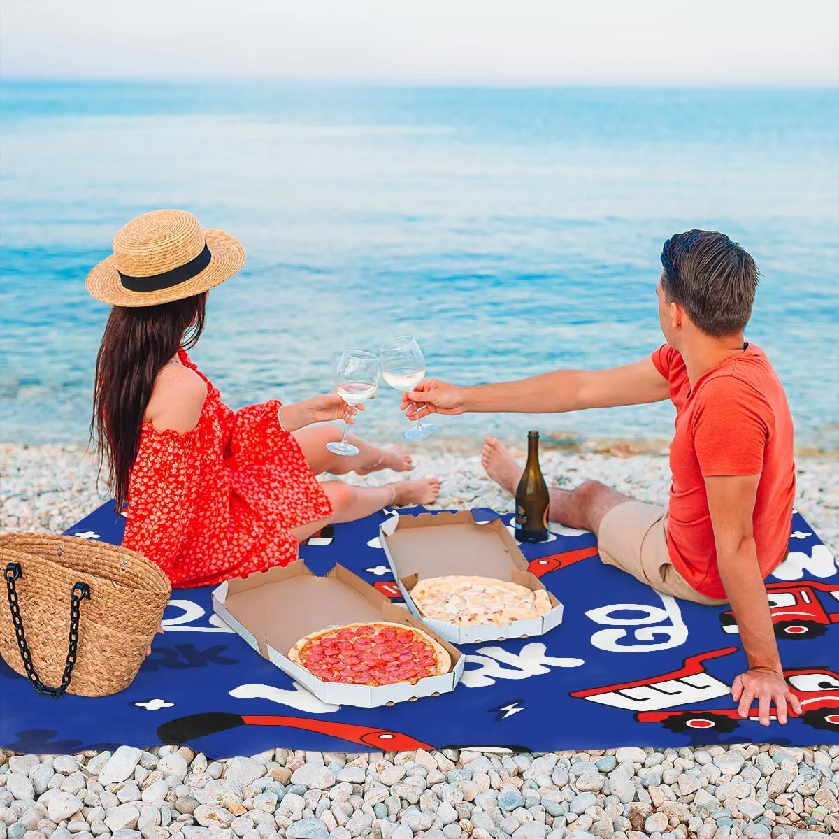 Beach Blanket, Construction Truck Sandproof Beach Mat, Waterproof Quick Drying Sand Free Mat with 4 x Ground Spikes for Outdoor Travel Camping Hiking, Red Truck 68 x 59 in