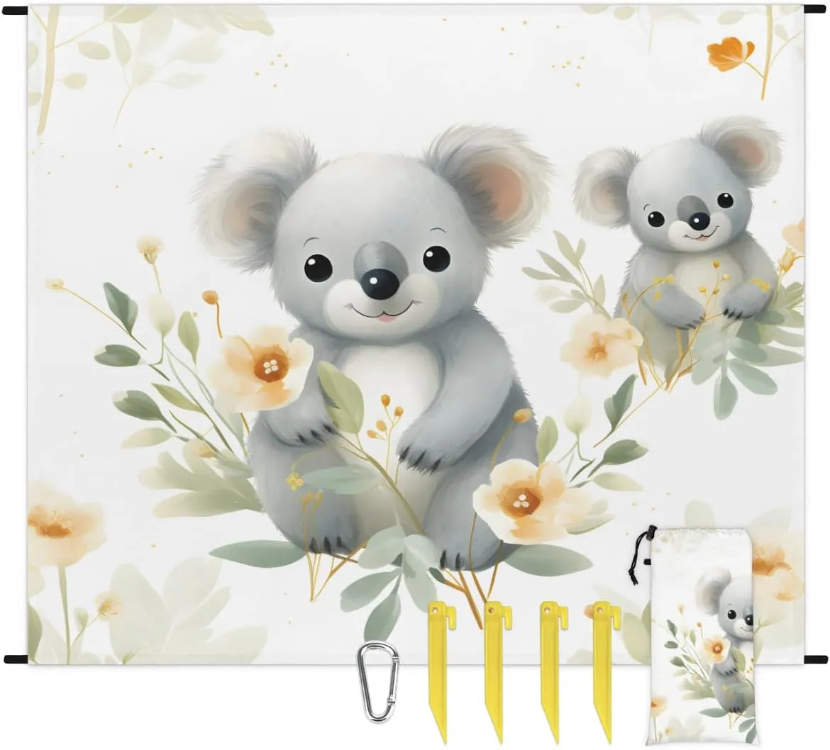 Beach Blanket, Cute Koala Sandproof Beach Mat, Waterproof Quick Drying Sand Free Mat with 4 x Ground Spikes for Outdoor Travel Camping Hiking, Koala 68 x 59 in