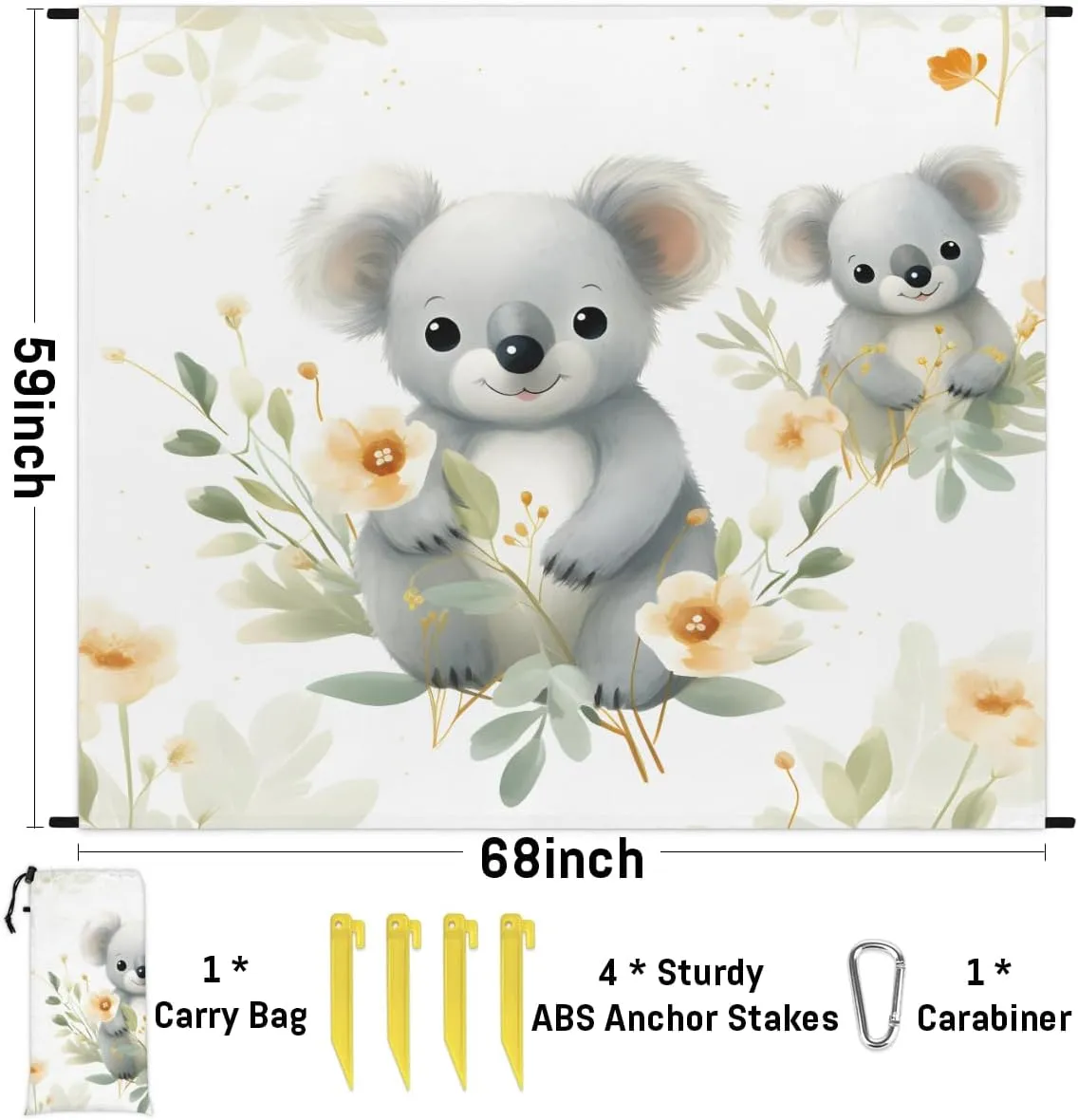 Beach Blanket, Cute Koala Sandproof Beach Mat, Waterproof Quick Drying Sand Free Mat with 4 x Ground Spikes for Outdoor Travel Camping Hiking, Koala 68 x 59 in