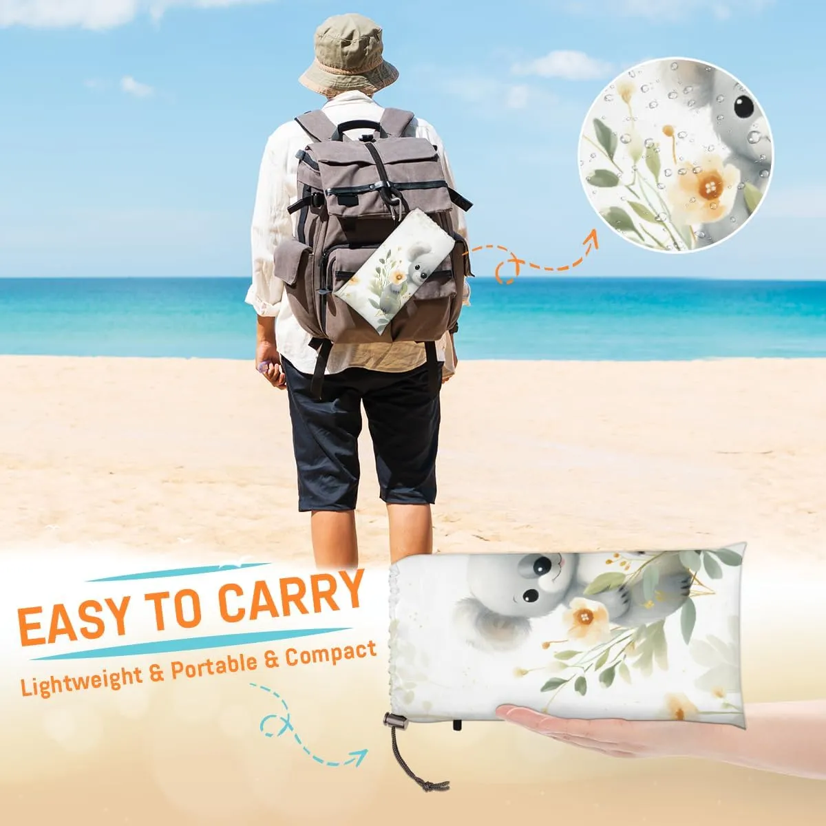 Beach Blanket, Cute Koala Sandproof Beach Mat, Waterproof Quick Drying Sand Free Mat with 4 x Ground Spikes for Outdoor Travel Camping Hiking, Koala 68 x 59 in