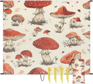 Beach Blanket, Cute Mushrooms Sandproof Beach Mat, Waterproof Quick Drying Sand Free Mat with 4 x Ground Spikes for Outdoor Travel Camping Hiking, Mushrooms 68 x 59 in