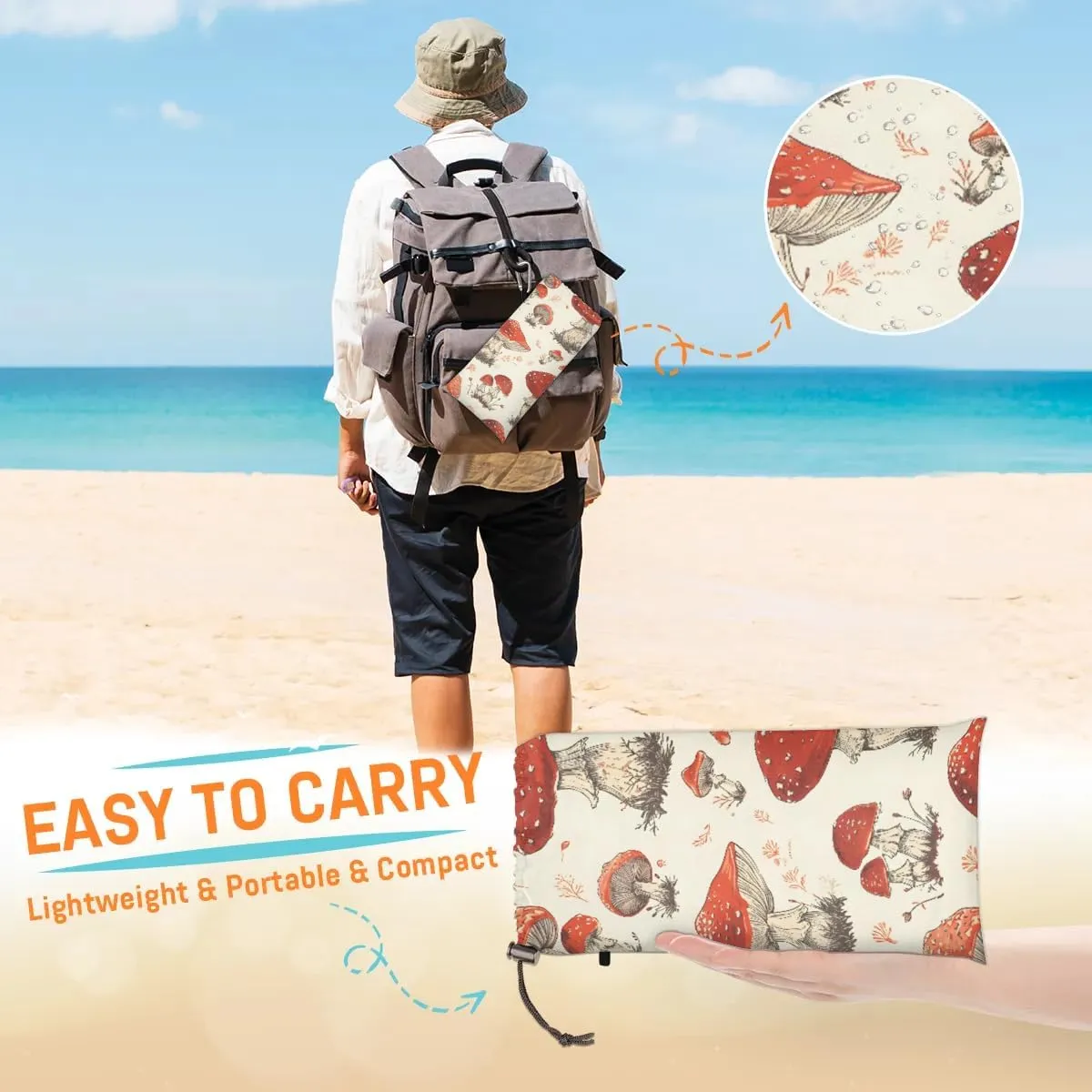 Beach Blanket, Cute Mushrooms Sandproof Beach Mat, Waterproof Quick Drying Sand Free Mat with 4 x Ground Spikes for Outdoor Travel Camping Hiking, Mushrooms 68 x 59 in