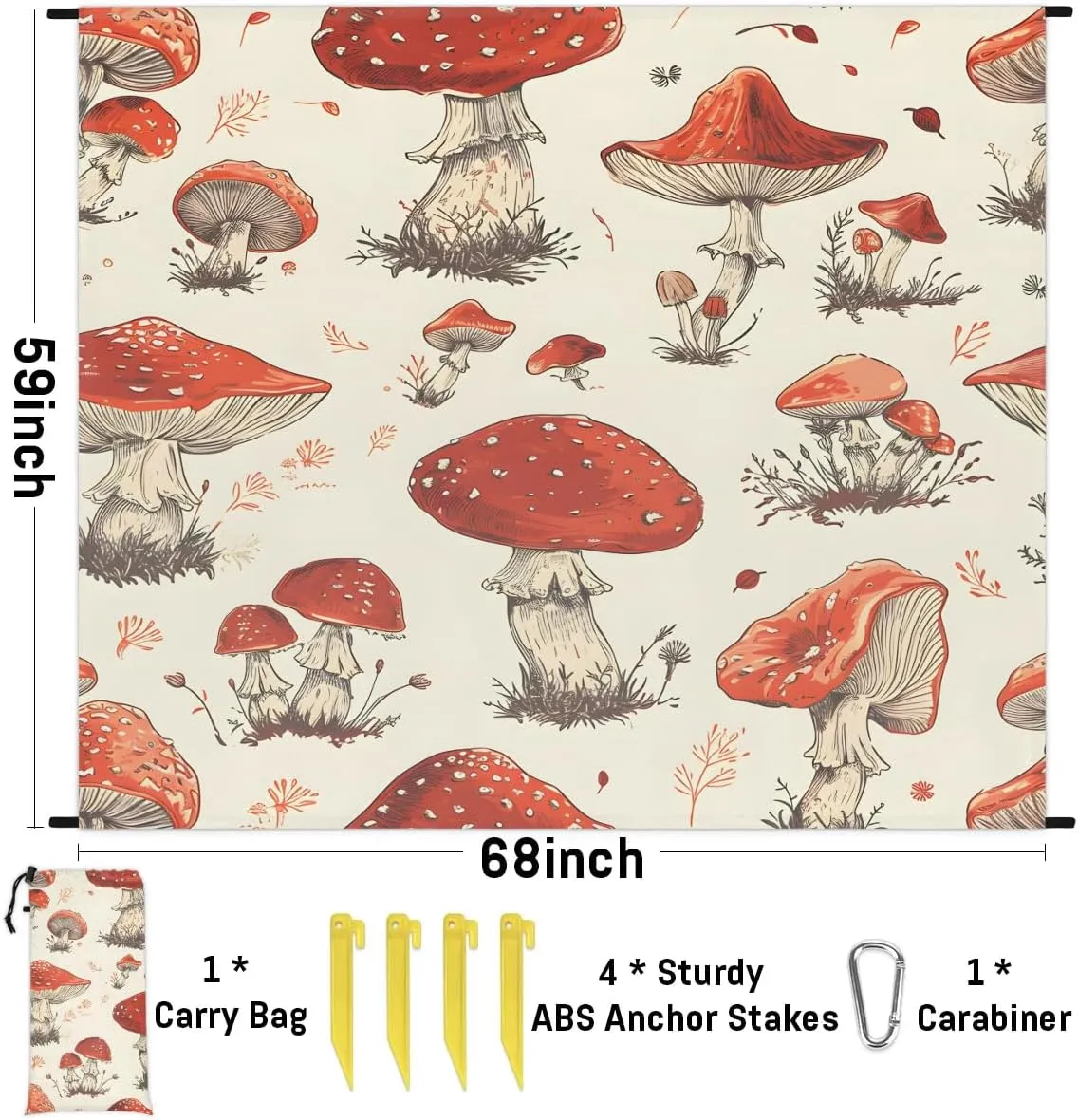 Beach Blanket, Cute Mushrooms Sandproof Beach Mat, Waterproof Quick Drying Sand Free Mat with 4 x Ground Spikes for Outdoor Travel Camping Hiking, Mushrooms 68 x 59 in