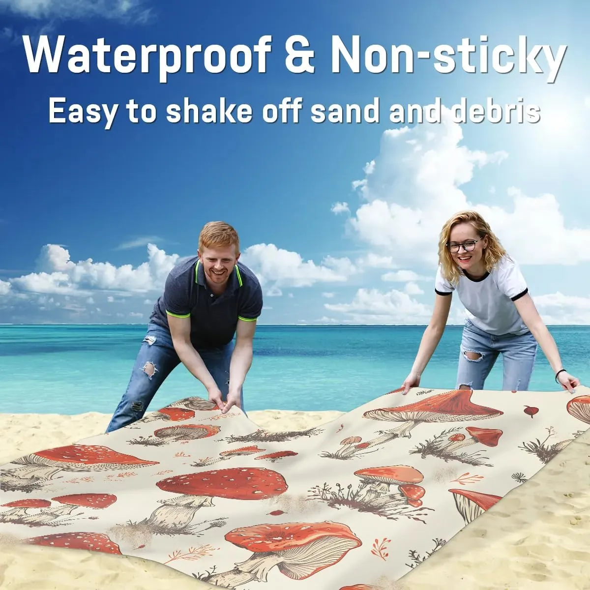 Beach Blanket, Cute Mushrooms Sandproof Beach Mat, Waterproof Quick Drying Sand Free Mat with 4 x Ground Spikes for Outdoor Travel Camping Hiking, Mushrooms 68 x 59 in