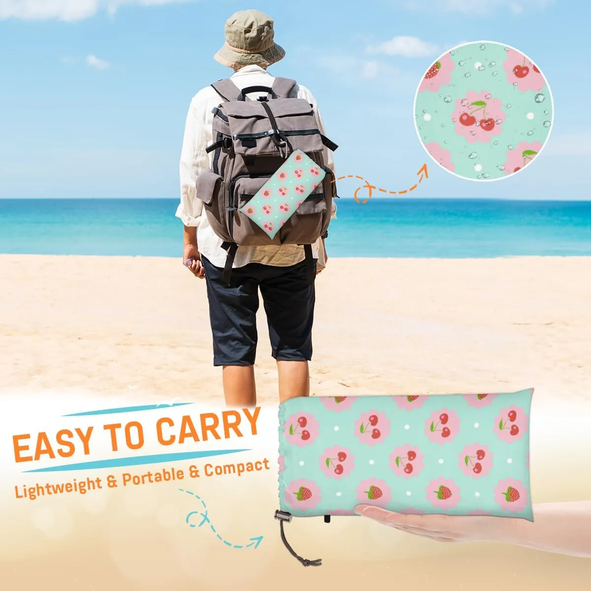 Beach Blanket, Cute Strawberry Sandproof Beach Mat, Waterproof Quick Drying Sand Free Mat with 4 x Ground Spikes for Outdoor Travel Camping Hiking, Summer Fruits 68 x 59 in