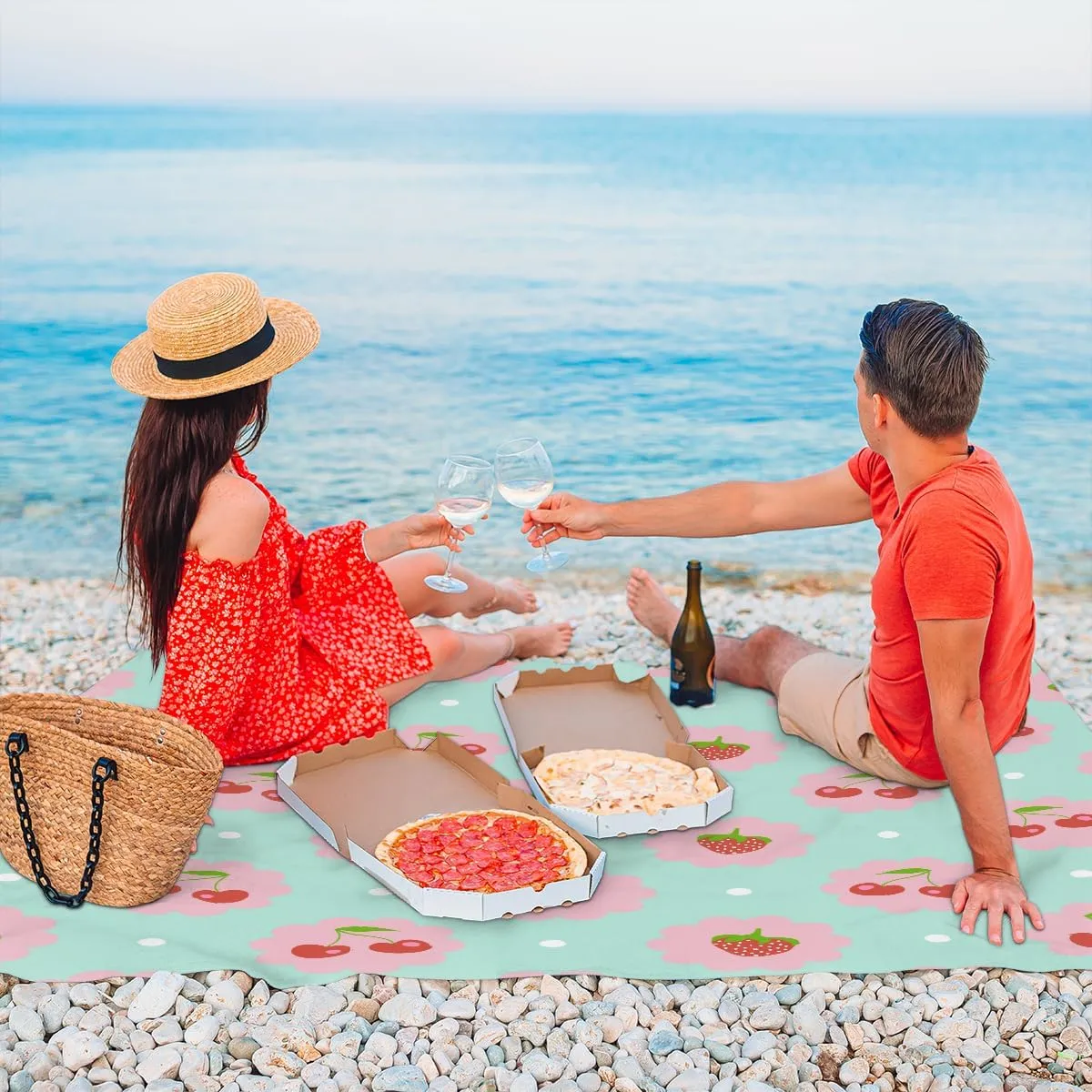 Beach Blanket, Cute Strawberry Sandproof Beach Mat, Waterproof Quick Drying Sand Free Mat with 4 x Ground Spikes for Outdoor Travel Camping Hiking, Summer Fruits 68 x 59 in