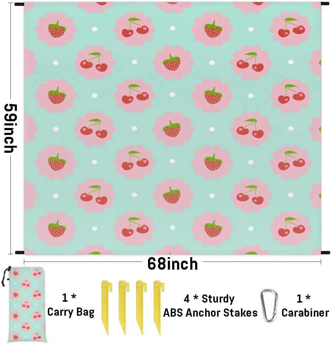 Beach Blanket, Cute Strawberry Sandproof Beach Mat, Waterproof Quick Drying Sand Free Mat with 4 x Ground Spikes for Outdoor Travel Camping Hiking, Summer Fruits 68 x 59 in