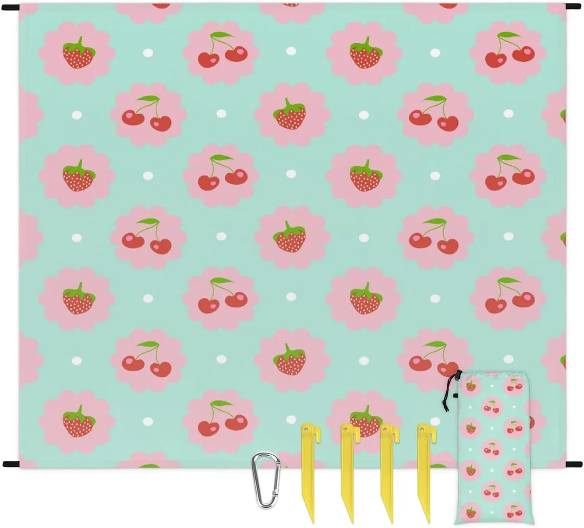 Beach Blanket, Cute Strawberry Sandproof Beach Mat, Waterproof Quick Drying Sand Free Mat with 4 x Ground Spikes for Outdoor Travel Camping Hiking, Summer Fruits 68 x 59 in