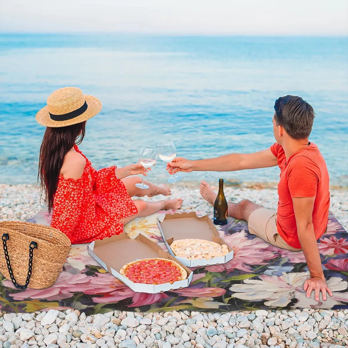 Beach Blanket, Floral Sandproof Beach Mat, Waterproof Quick Drying Sand Free Mat with 4 x Ground Spikes for Outdoor Travel Camping Hiking, Peony Flower 68 x 59 in