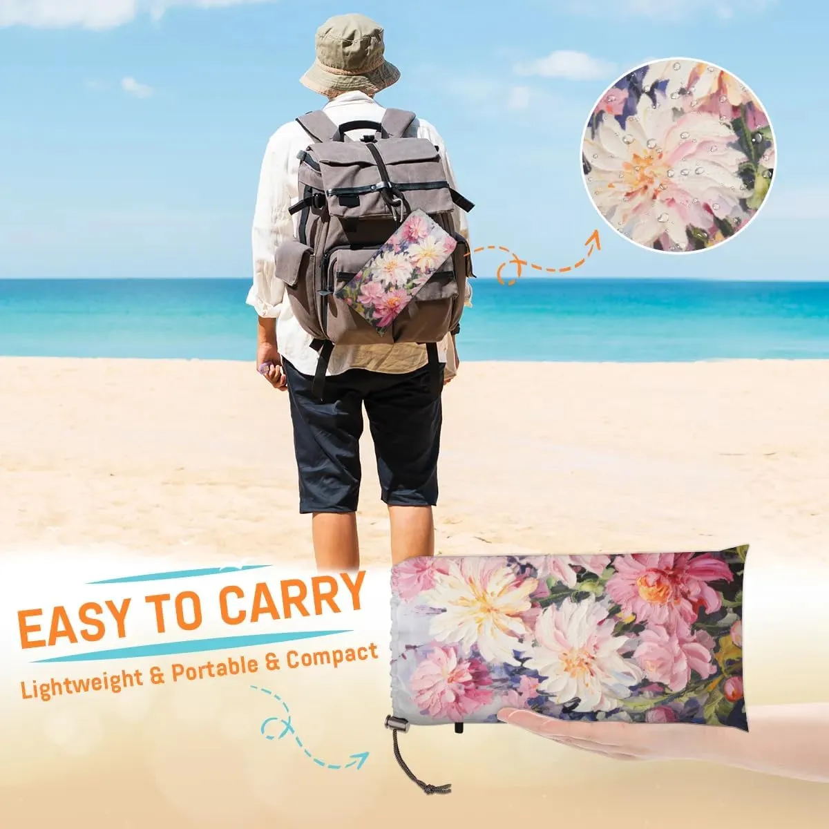 Beach Blanket, Floral Sandproof Beach Mat, Waterproof Quick Drying Sand Free Mat with 4 x Ground Spikes for Outdoor Travel Camping Hiking, Peony Flower 68 x 59 in