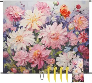 Beach Blanket, Floral Sandproof Beach Mat, Waterproof Quick Drying Sand Free Mat with 4 x Ground Spikes for Outdoor Travel Camping Hiking, Peony Flower 68 x 59 in
