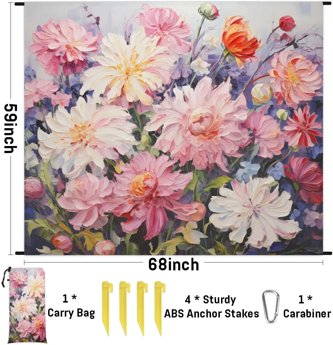Beach Blanket, Floral Sandproof Beach Mat, Waterproof Quick Drying Sand Free Mat with 4 x Ground Spikes for Outdoor Travel Camping Hiking, Peony Flower 68 x 59 in