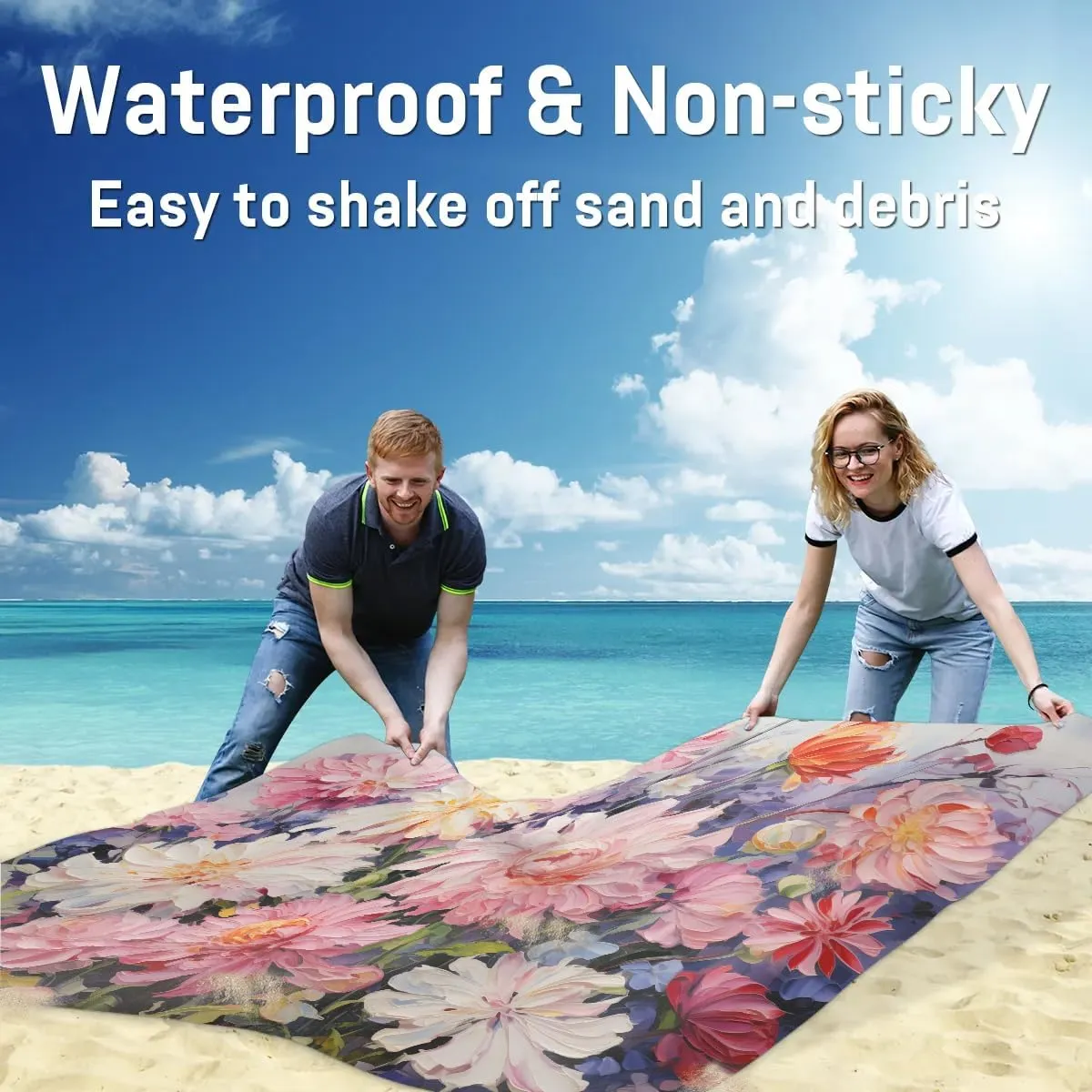 Beach Blanket, Floral Sandproof Beach Mat, Waterproof Quick Drying Sand Free Mat with 4 x Ground Spikes for Outdoor Travel Camping Hiking, Peony Flower 68 x 59 in