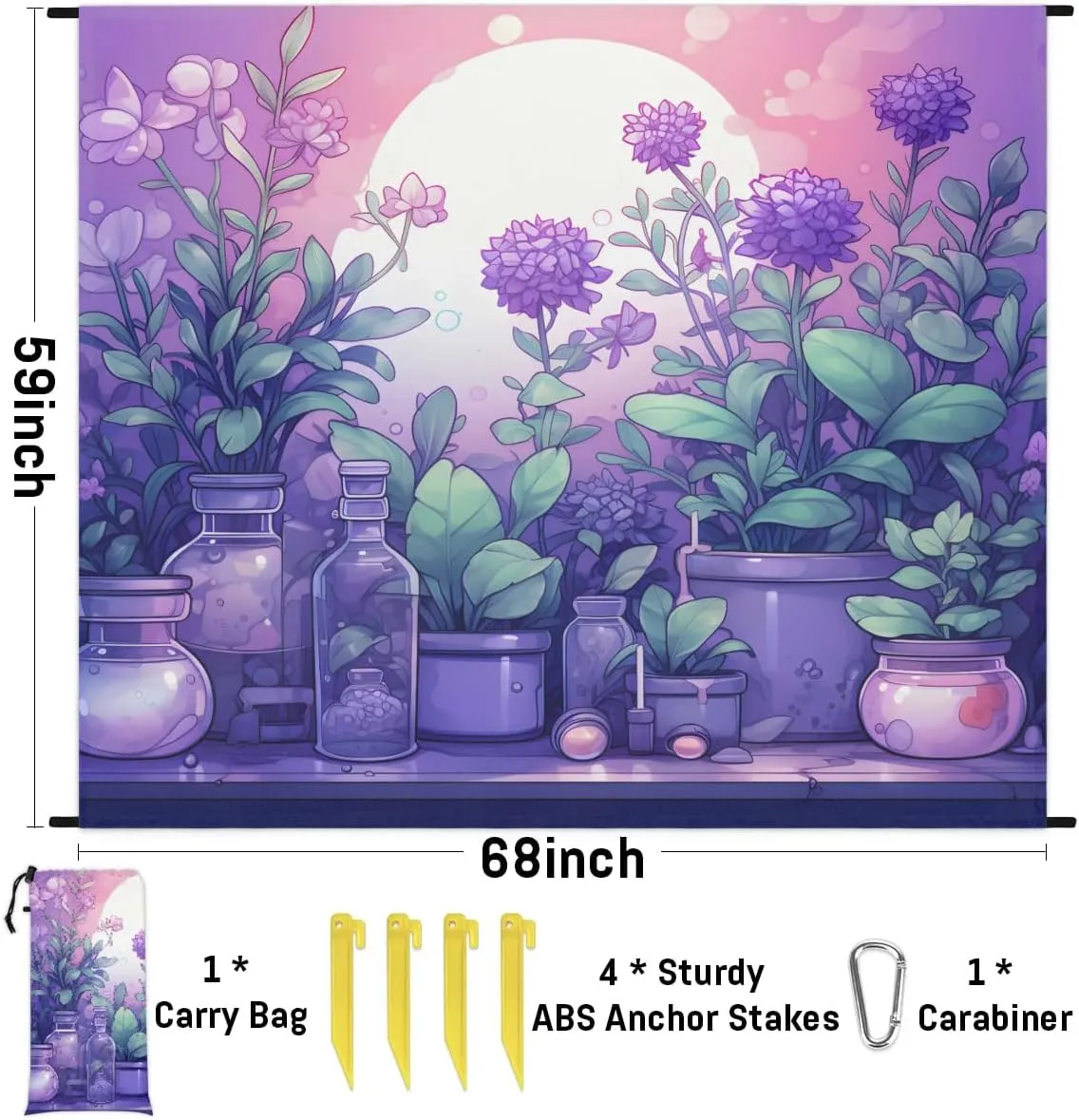 Beach Blanket, Floral Vases Flower Sandproof Beach Mat, Waterproof Quick Drying Sand Free Mat with 4 x Ground Spikes for Outdoor Travel Camping Hiking, Botanical Vase 68 x 59 in