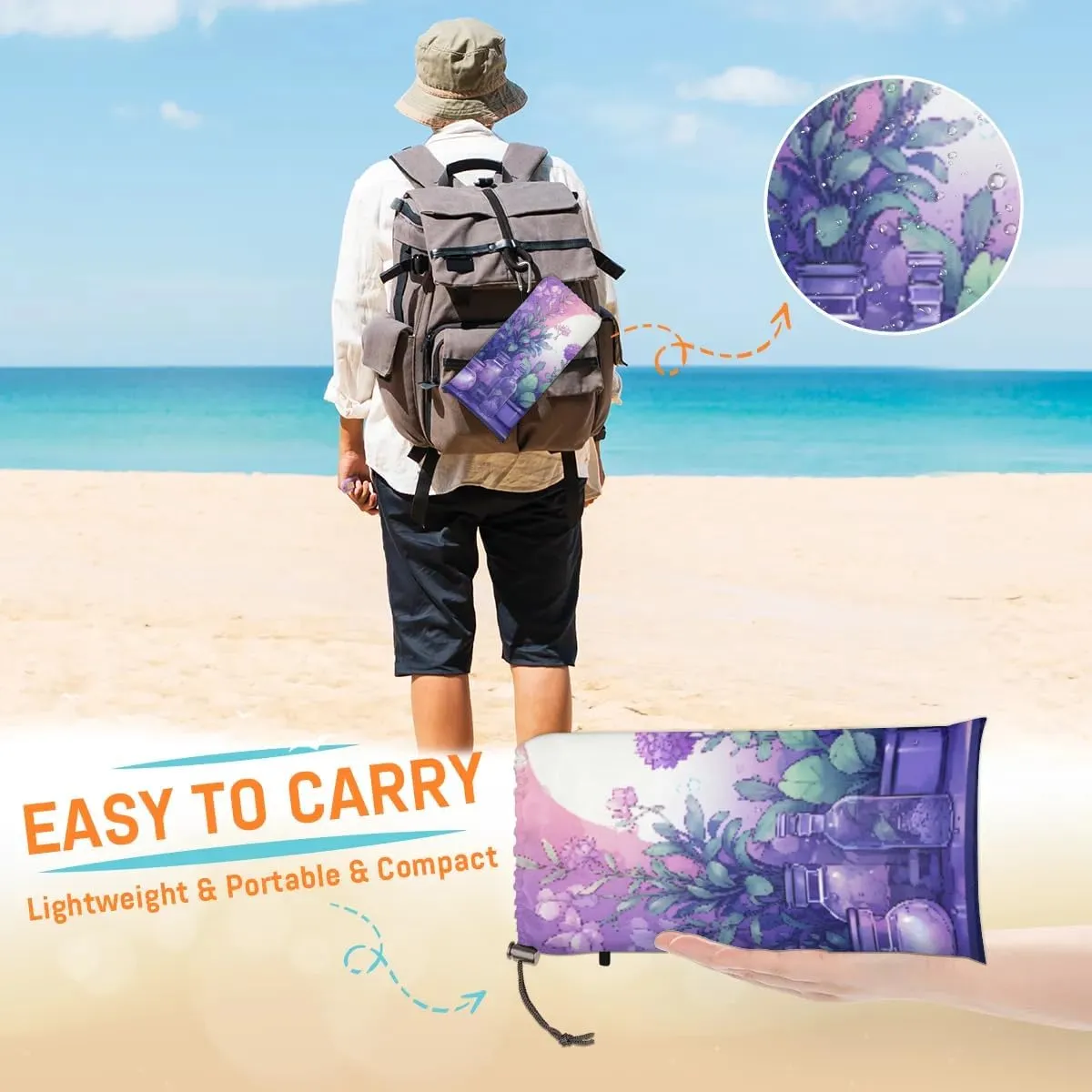 Beach Blanket, Floral Vases Flower Sandproof Beach Mat, Waterproof Quick Drying Sand Free Mat with 4 x Ground Spikes for Outdoor Travel Camping Hiking, Botanical Vase 68 x 59 in
